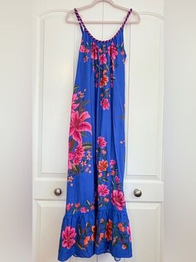 FARM Rio Summer Fruit Scarf Blue Maxi Dress Linen Blend Tropical Boho XS